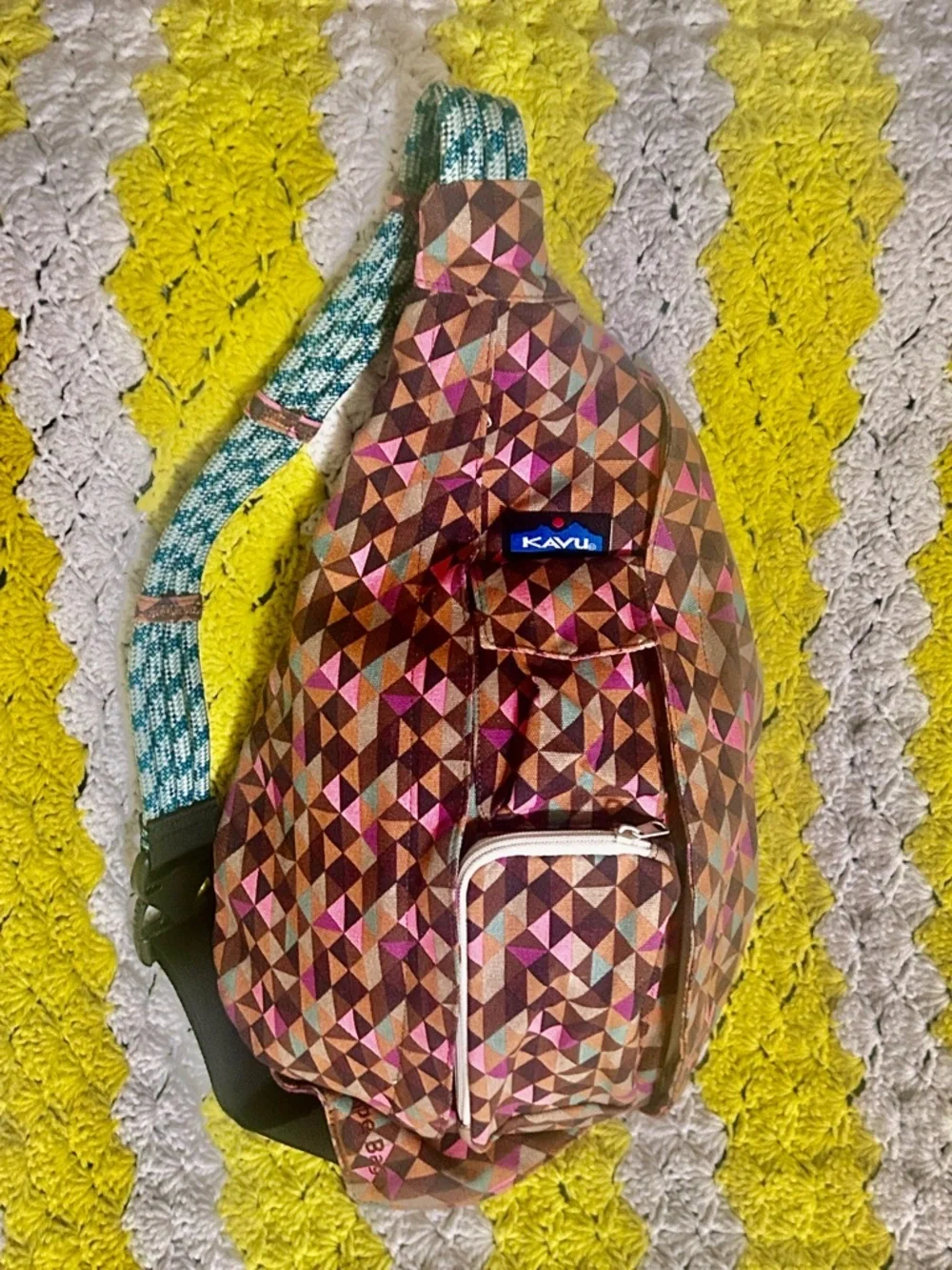 KAVU Sling Bag Multicolor Pink Brown Geometric